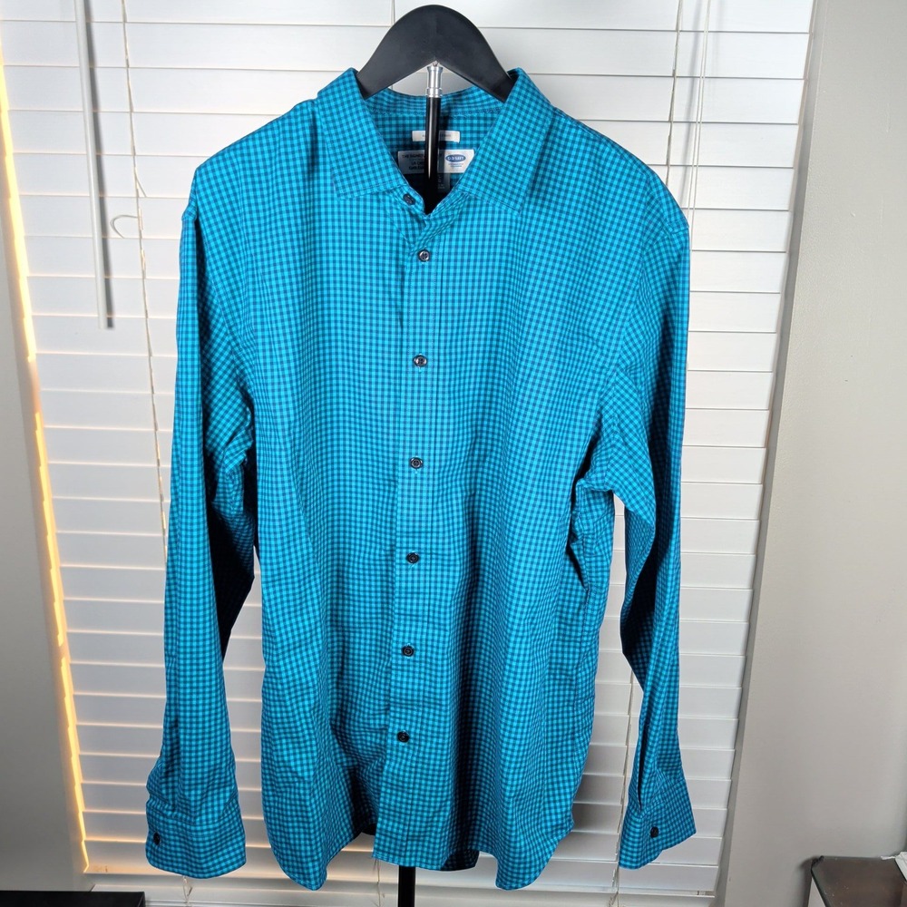 Old Navy Signature Shirt Mens XL Teal Gingham Slim Fit Button Down Excellent